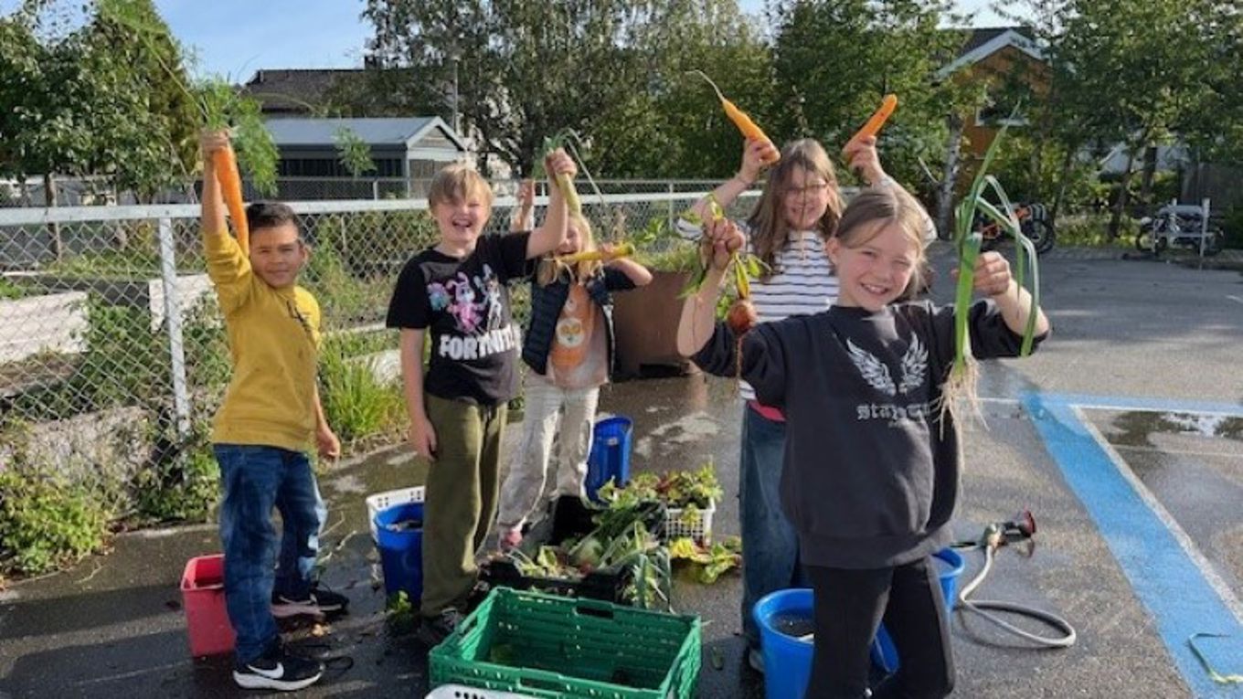 En gruppe barn som holder gulrøtter