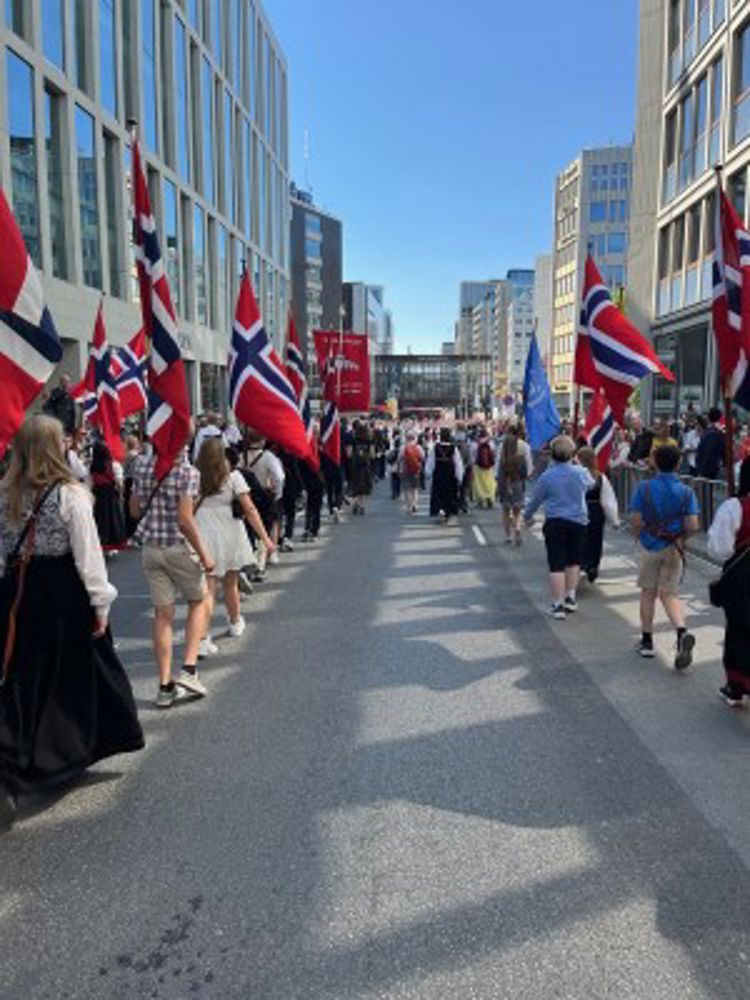 en gruppe mennesker som går på en gate med flagg