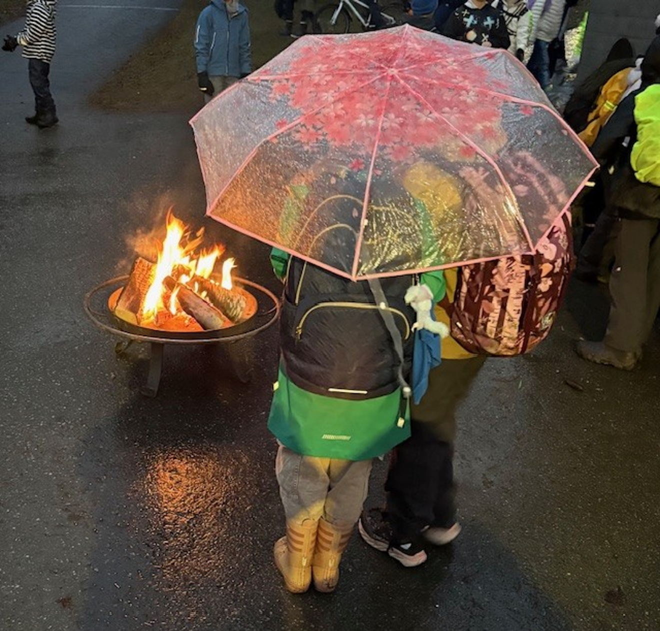 en person som holder en paraply over et bål en person som holder en paraply over et bål